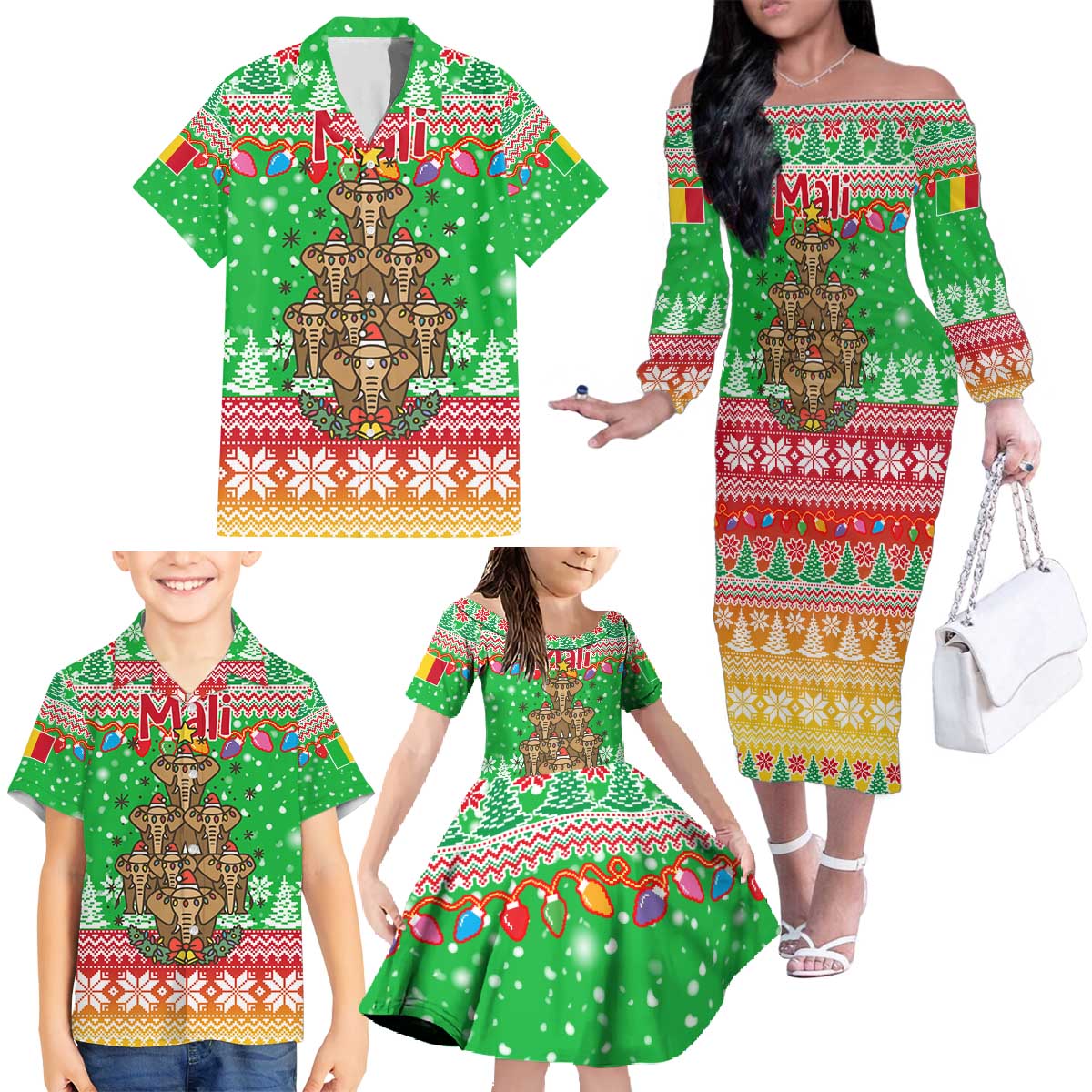 Mali Christmas Family Matching Off The Shoulder Long Sleeve Dress and Hawaiian Shirt with Cartoon Elephant Pyramid Snowflakes and Holiday Lights - Wonder Print Shop