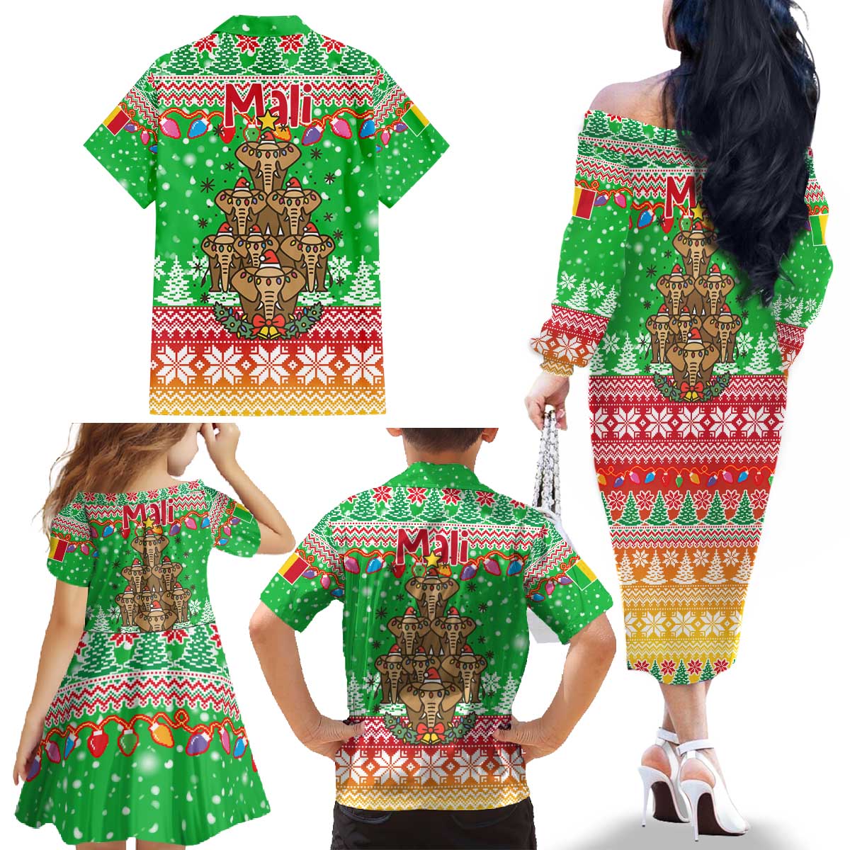 Mali Christmas Family Matching Off The Shoulder Long Sleeve Dress and Hawaiian Shirt with Cartoon Elephant Pyramid Snowflakes and Holiday Lights - Wonder Print Shop