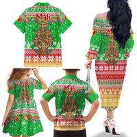 Mali Christmas Family Matching Off The Shoulder Long Sleeve Dress and Hawaiian Shirt with Cartoon Elephant Pyramid Snowflakes and Holiday Lights - Wonder Print Shop