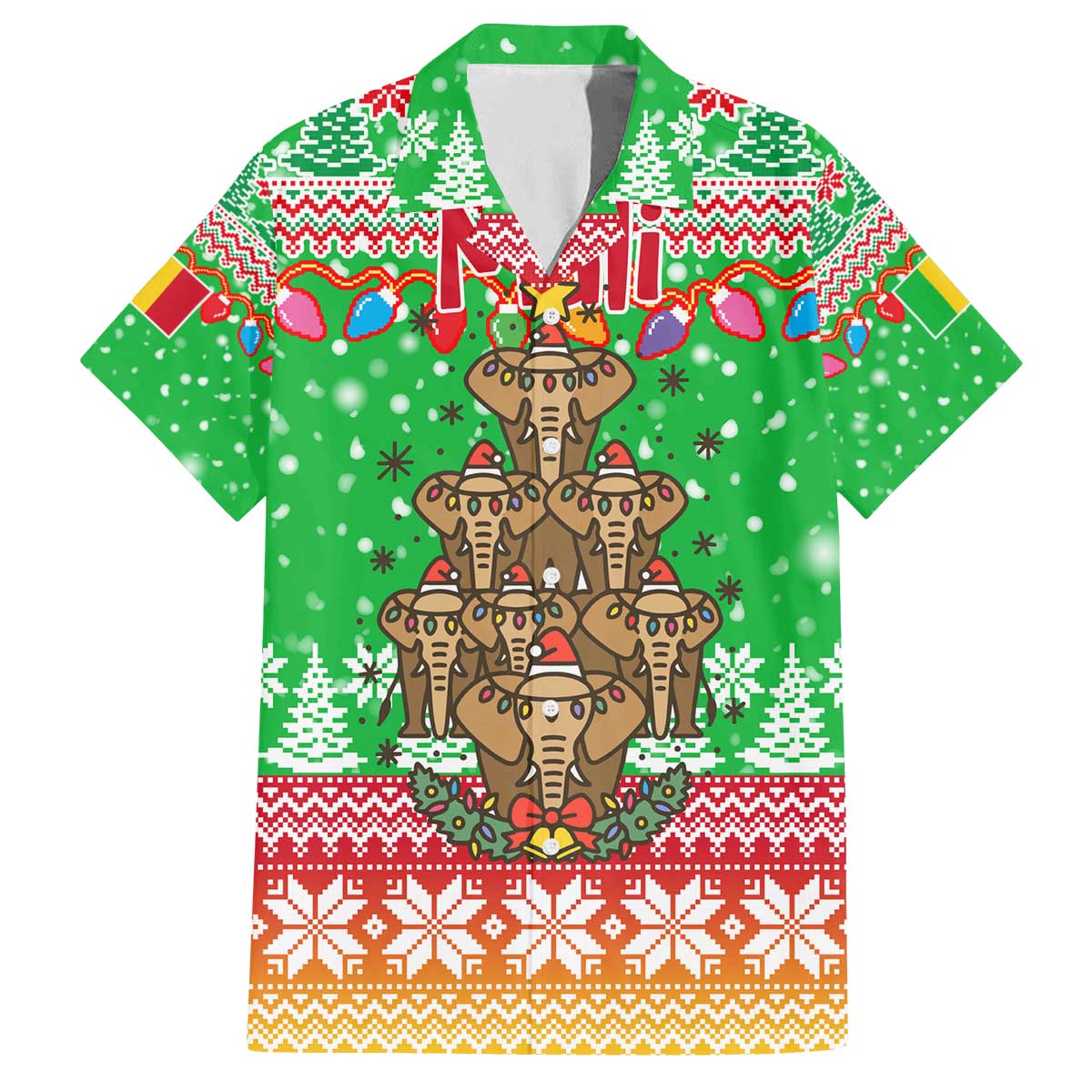 Mali Christmas Family Matching Off The Shoulder Long Sleeve Dress and Hawaiian Shirt with Cartoon Elephant Pyramid Snowflakes and Holiday Lights - Wonder Print Shop