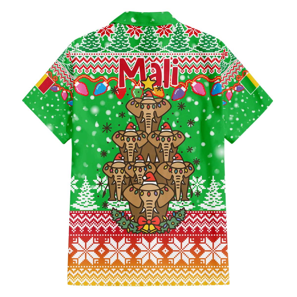 Mali Christmas Family Matching Off The Shoulder Long Sleeve Dress and Hawaiian Shirt with Cartoon Elephant Pyramid Snowflakes and Holiday Lights - Wonder Print Shop