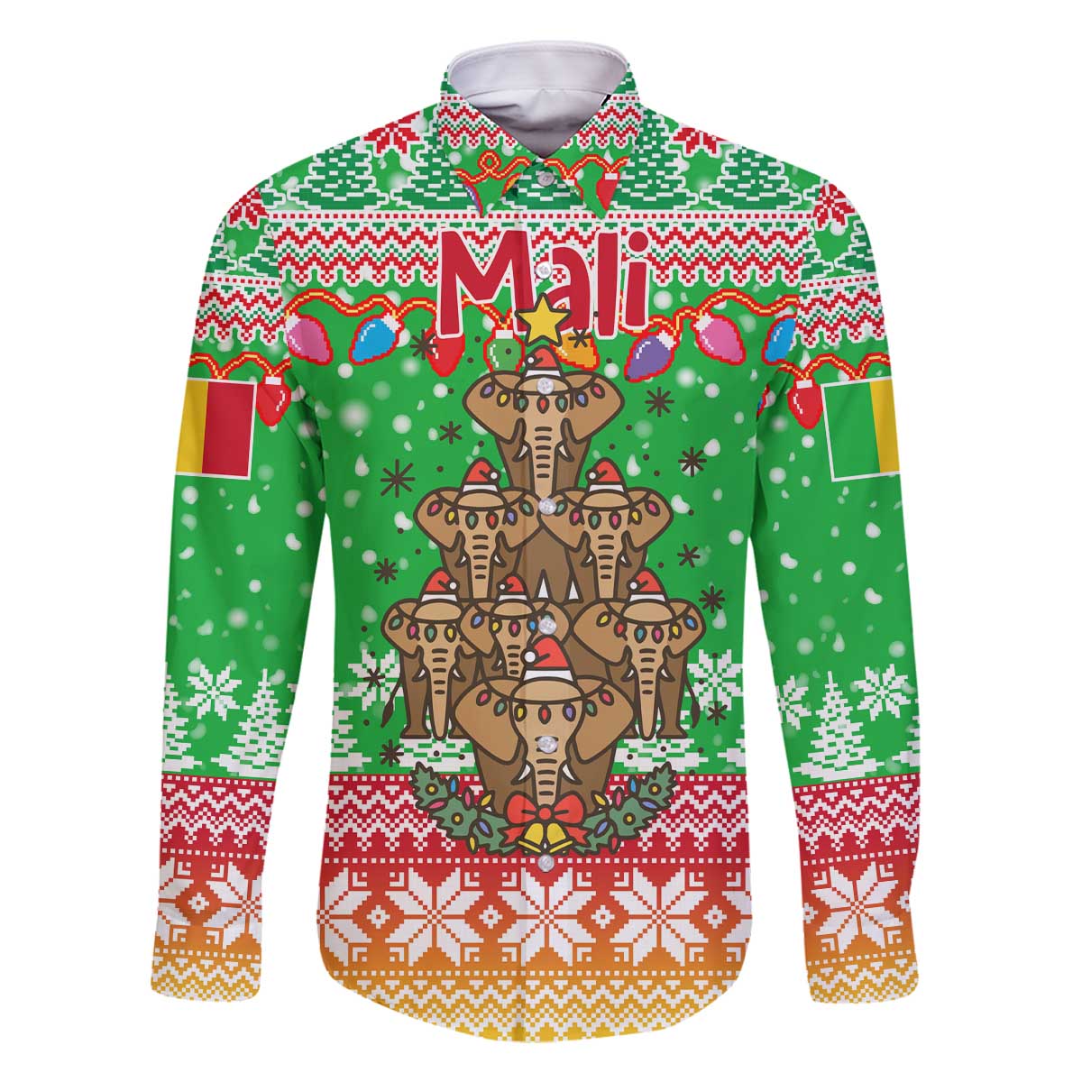 Mali Christmas Family Matching Off The Shoulder Long Sleeve Dress and Hawaiian Shirt with Cartoon Elephant Pyramid Snowflakes and Holiday Lights - Wonder Print Shop