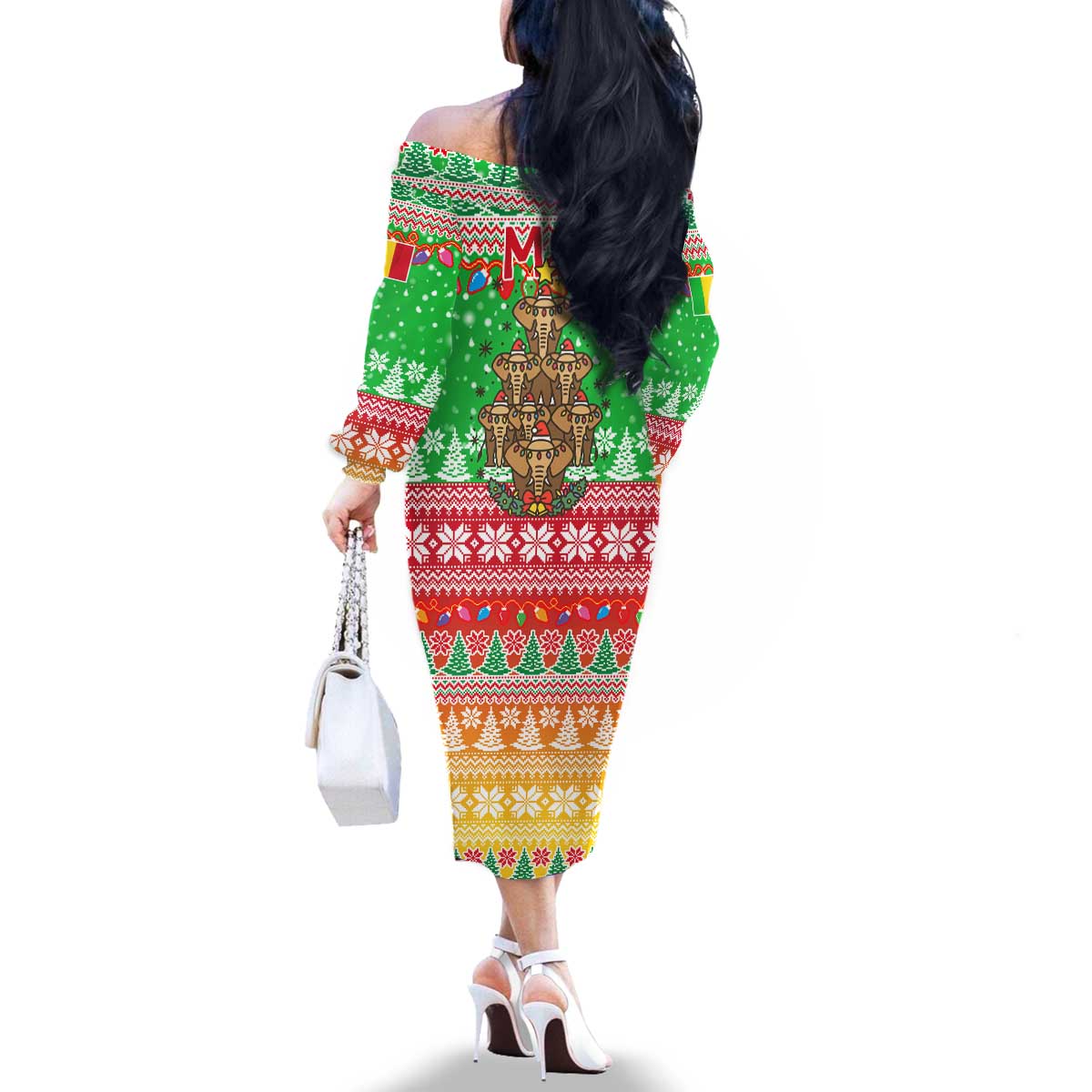 Mali Christmas Family Matching Off The Shoulder Long Sleeve Dress and Hawaiian Shirt with Cartoon Elephant Pyramid Snowflakes and Holiday Lights - Wonder Print Shop