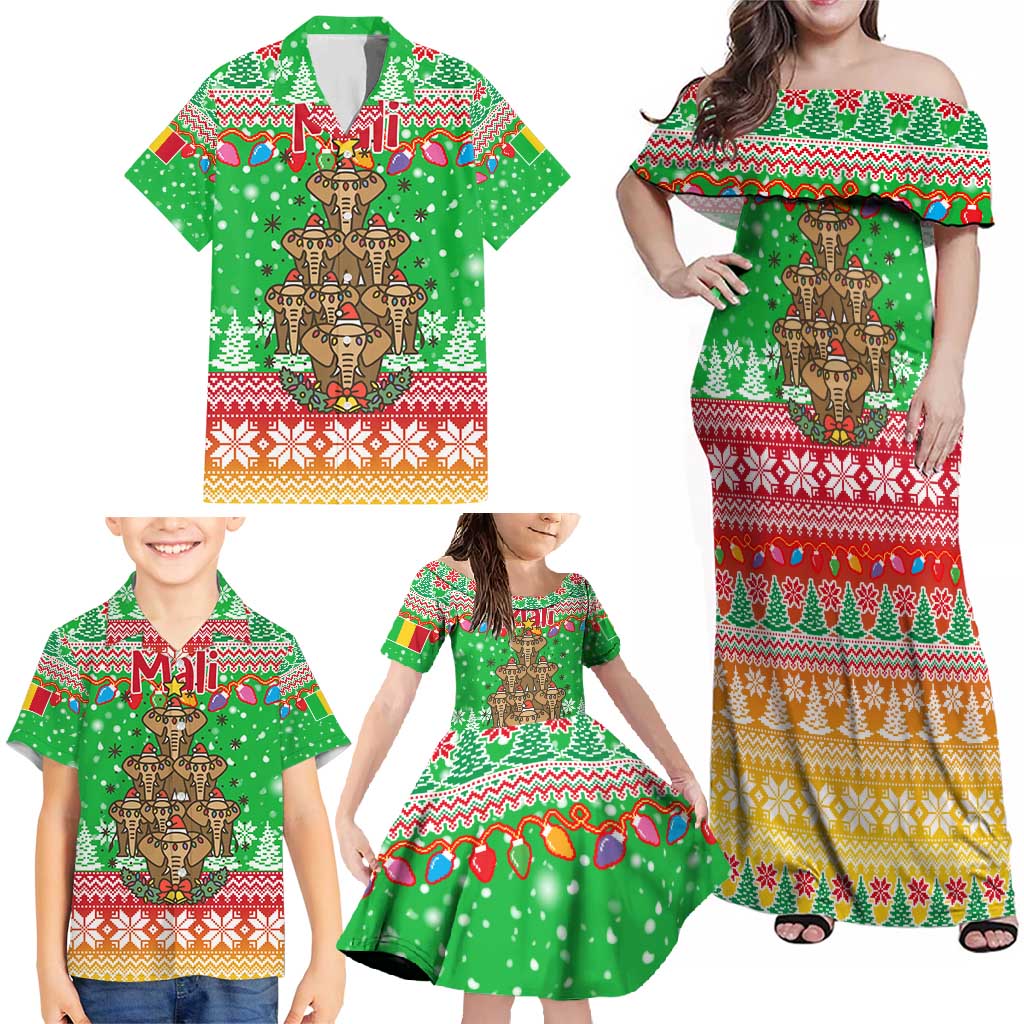 Mali Christmas Family Matching Off Shoulder Maxi Dress and Hawaiian Shirt with Cartoon Elephant Pyramid Snowflakes and Holiday Lights - Wonder Print Shop