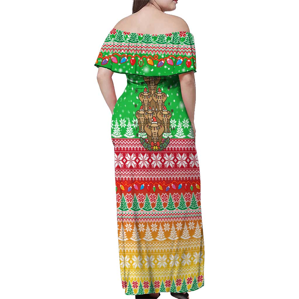 Mali Christmas Family Matching Off Shoulder Maxi Dress and Hawaiian Shirt with Cartoon Elephant Pyramid Snowflakes and Holiday Lights - Wonder Print Shop