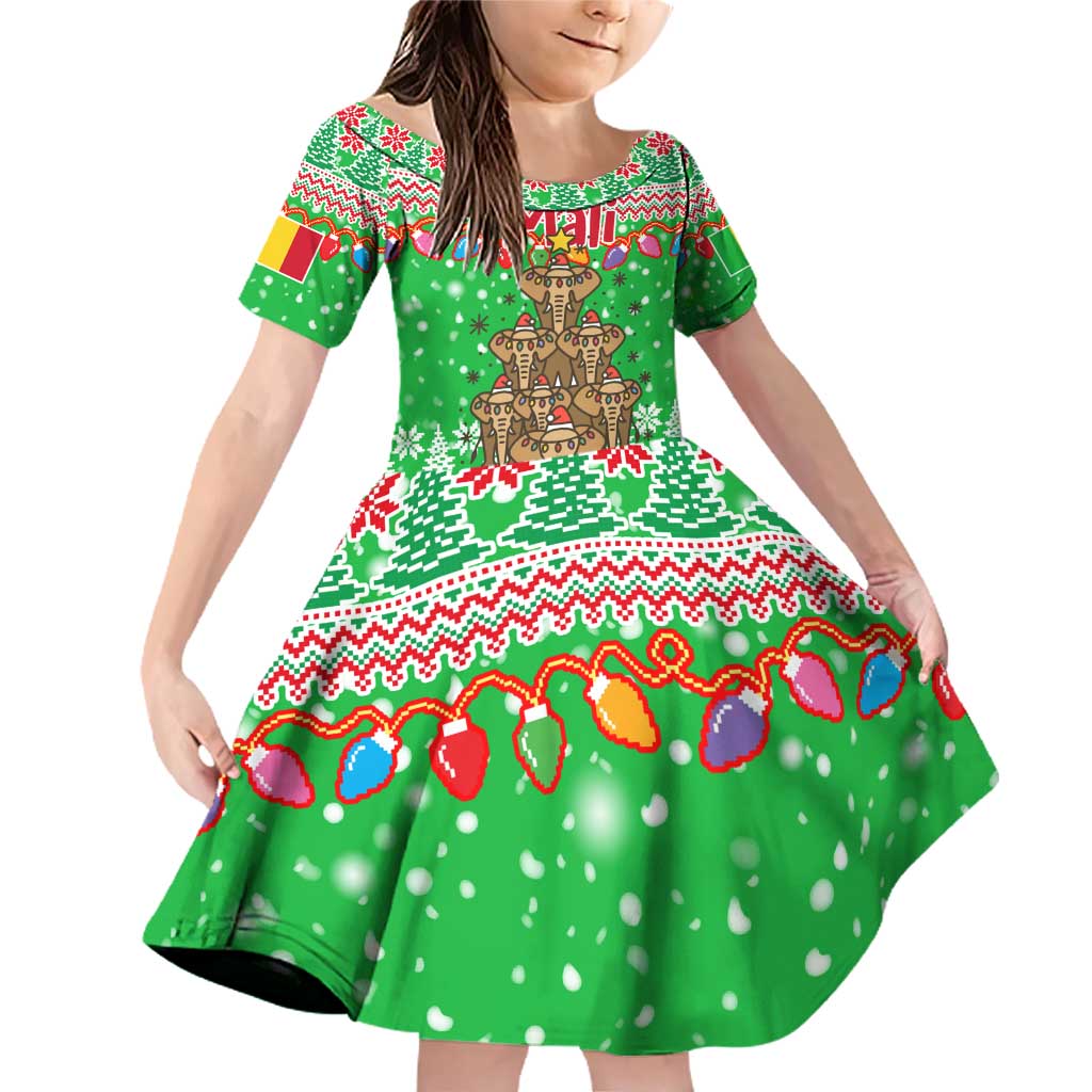 Mali Christmas Family Matching Off Shoulder Short Dress and Hawaiian Shirt with Cartoon Elephant Pyramid Snowflakes and Holiday Lights - Wonder Print Shop