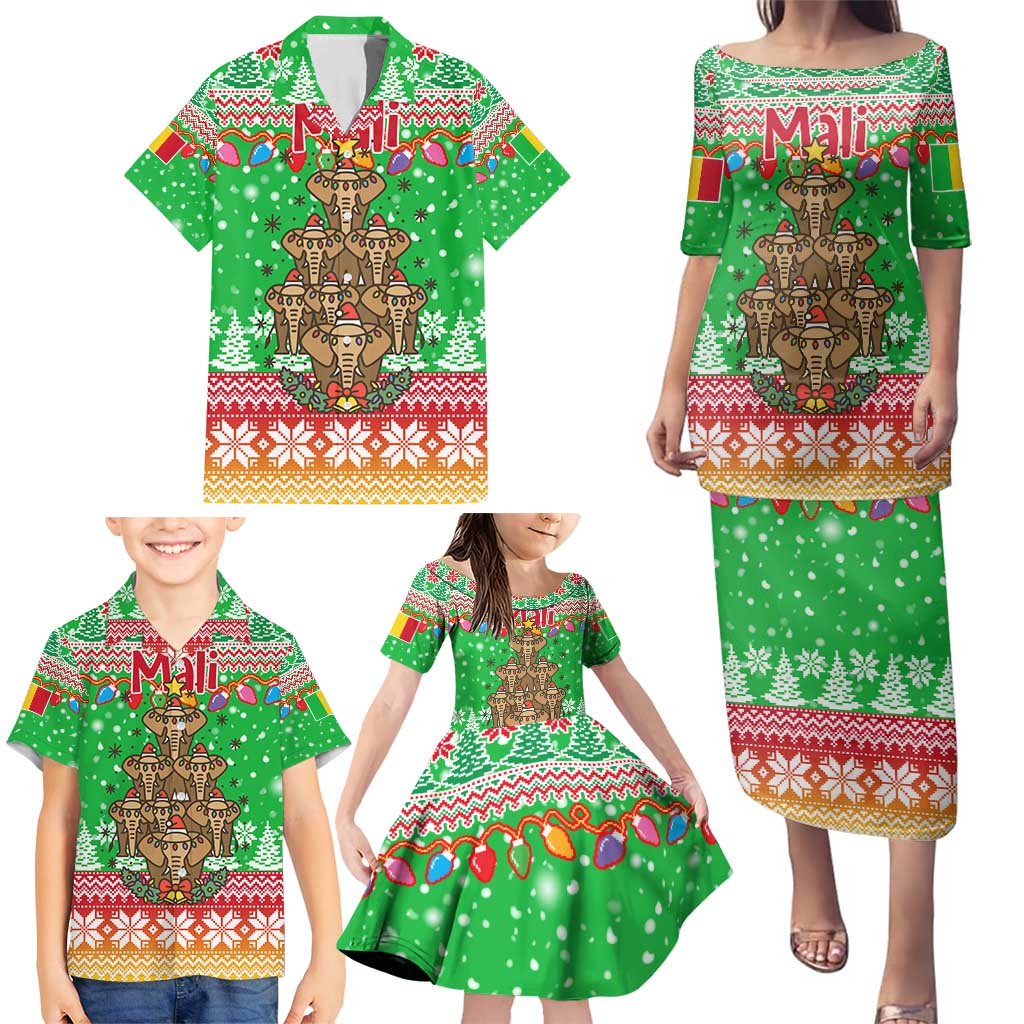 Mali Christmas Family Matching Puletasi and Hawaiian Shirt with Cartoon Elephant Pyramid Snowflakes and Holiday Lights - Wonder Print Shop
