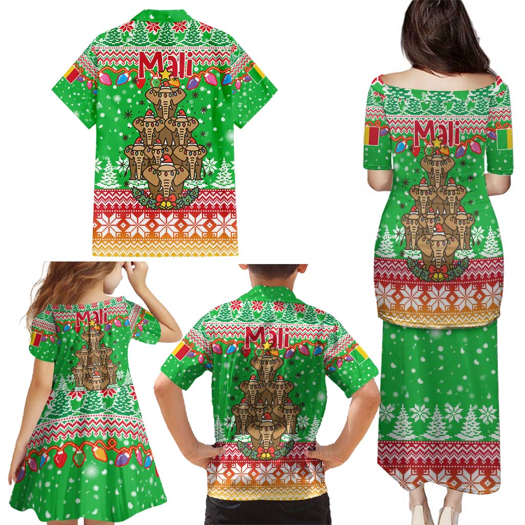 Mali Christmas Family Matching Puletasi and Hawaiian Shirt with Cartoon Elephant Pyramid Snowflakes and Holiday Lights - Wonder Print Shop