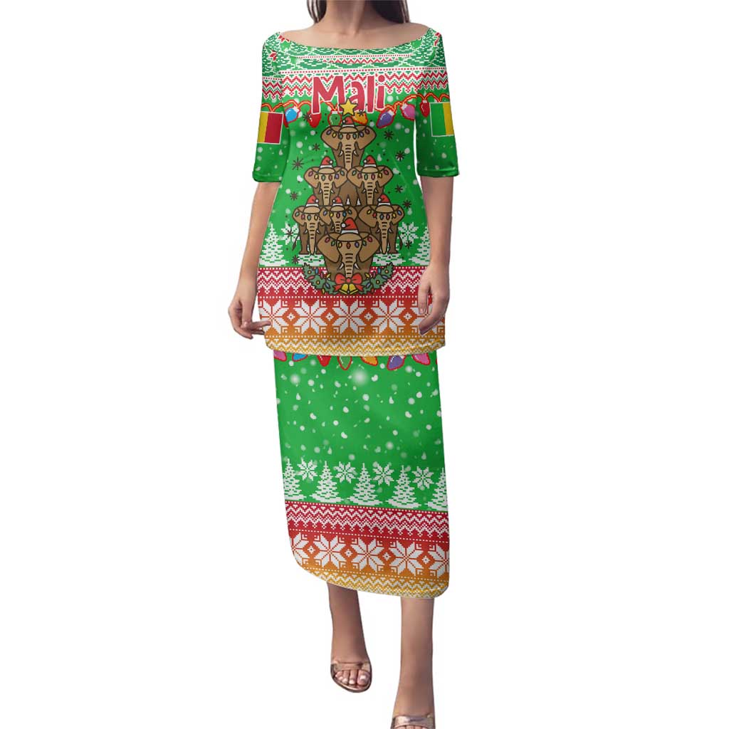 Mali Christmas Family Matching Puletasi and Hawaiian Shirt with Cartoon Elephant Pyramid Snowflakes and Holiday Lights - Wonder Print Shop