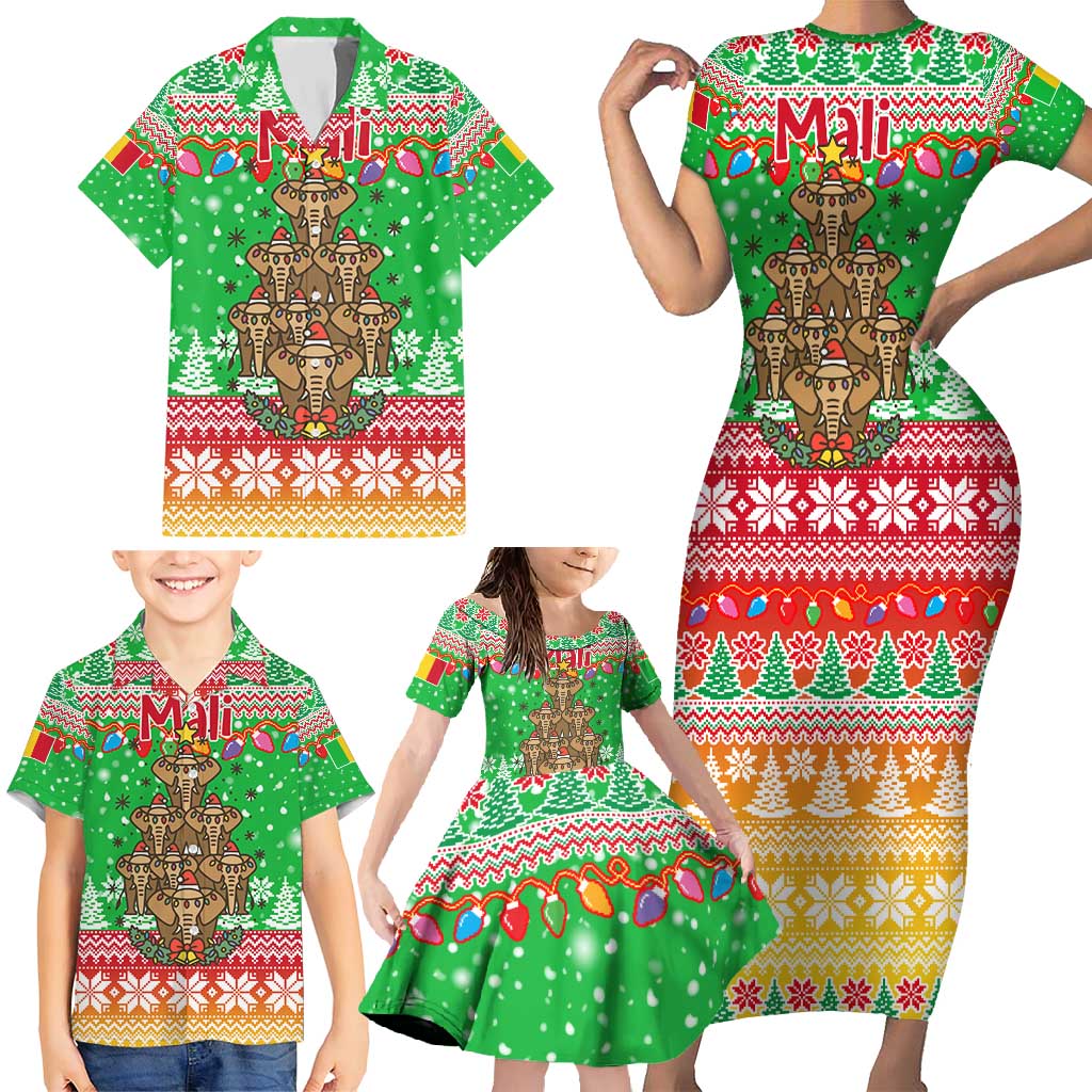Mali Christmas Family Matching Short Sleeve Bodycon Dress and Hawaiian Shirt with Cartoon Elephant Pyramid Snowflakes and Holiday Lights - Wonder Print Shop