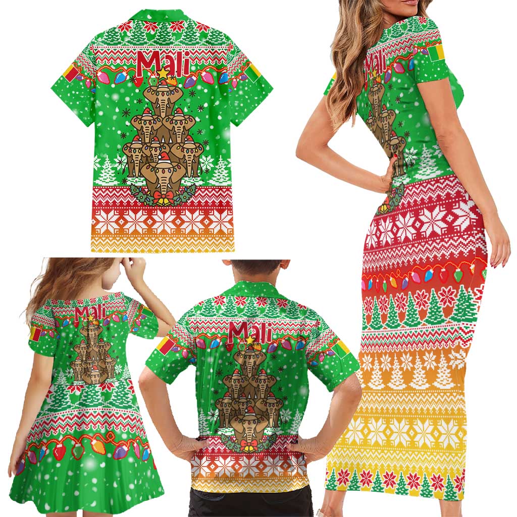 Mali Christmas Family Matching Short Sleeve Bodycon Dress and Hawaiian Shirt with Cartoon Elephant Pyramid Snowflakes and Holiday Lights - Wonder Print Shop