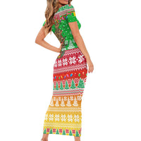 Mali Christmas Family Matching Short Sleeve Bodycon Dress and Hawaiian Shirt with Cartoon Elephant Pyramid Snowflakes and Holiday Lights - Wonder Print Shop