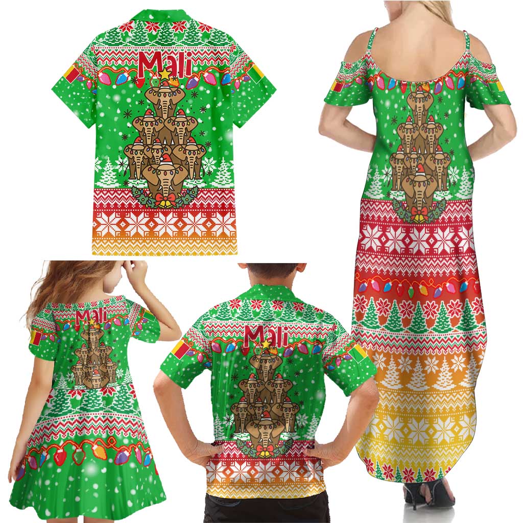 Mali Christmas Family Matching Summer Maxi Dress and Hawaiian Shirt with Cartoon Elephant Pyramid Snowflakes and Holiday Lights - Wonder Print Shop