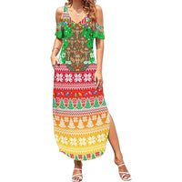 Mali Christmas Family Matching Summer Maxi Dress and Hawaiian Shirt with Cartoon Elephant Pyramid Snowflakes and Holiday Lights - Wonder Print Shop