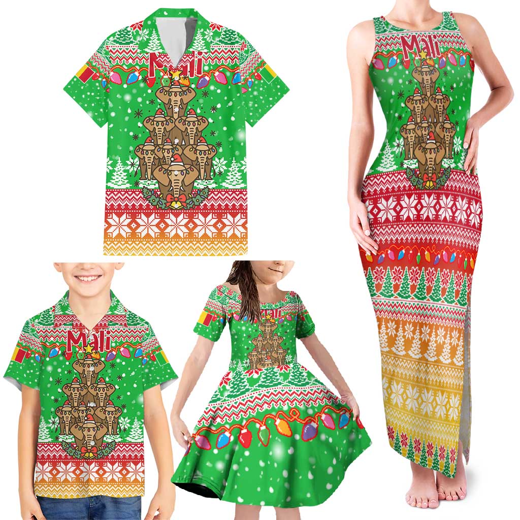 Mali Christmas Family Matching Tank Maxi Dress and Hawaiian Shirt with Cartoon Elephant Pyramid Snowflakes and Holiday Lights - Wonder Print Shop