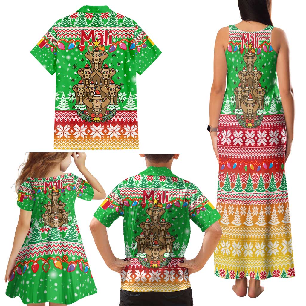 Mali Christmas Family Matching Tank Maxi Dress and Hawaiian Shirt with Cartoon Elephant Pyramid Snowflakes and Holiday Lights - Wonder Print Shop
