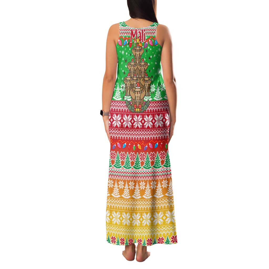 Mali Christmas Family Matching Tank Maxi Dress and Hawaiian Shirt with Cartoon Elephant Pyramid Snowflakes and Holiday Lights - Wonder Print Shop