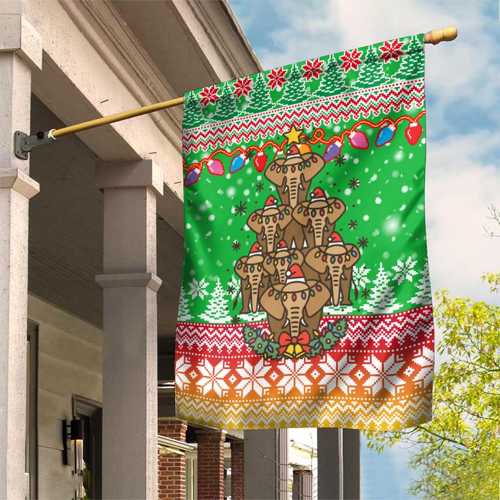 Mali Christmas Garden Flag with Cartoon Elephant Pyramid Snowflakes and Holiday Lights - Wonder Print Shop