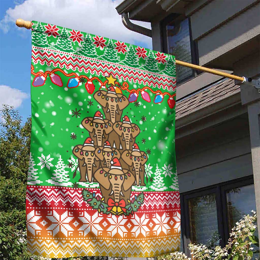 Mali Christmas Garden Flag with Cartoon Elephant Pyramid Snowflakes and Holiday Lights - Wonder Print Shop