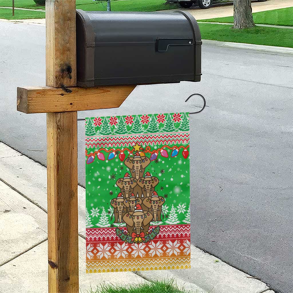 Mali Christmas Garden Flag with Cartoon Elephant Pyramid Snowflakes and Holiday Lights - Wonder Print Shop