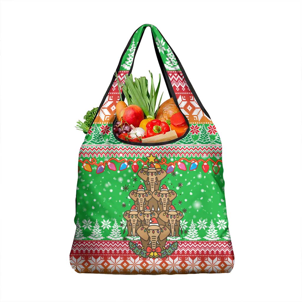 Mali Christmas Grocery Bag with Cartoon Elephant Pyramid Snowflakes and Holiday Lights - Wonder Print Shop