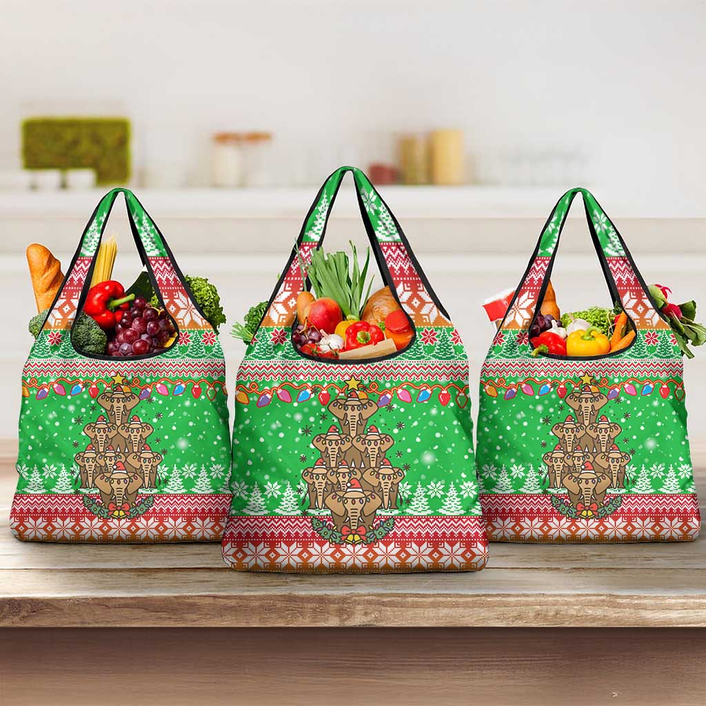 Mali Christmas Grocery Bag with Cartoon Elephant Pyramid Snowflakes and Holiday Lights - Wonder Print Shop