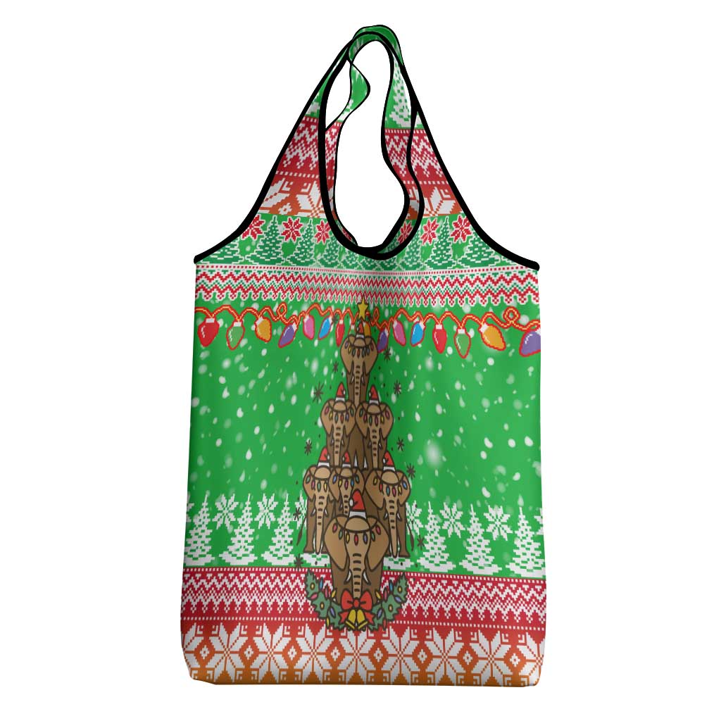 Mali Christmas Grocery Bag with Cartoon Elephant Pyramid Snowflakes and Holiday Lights - Wonder Print Shop