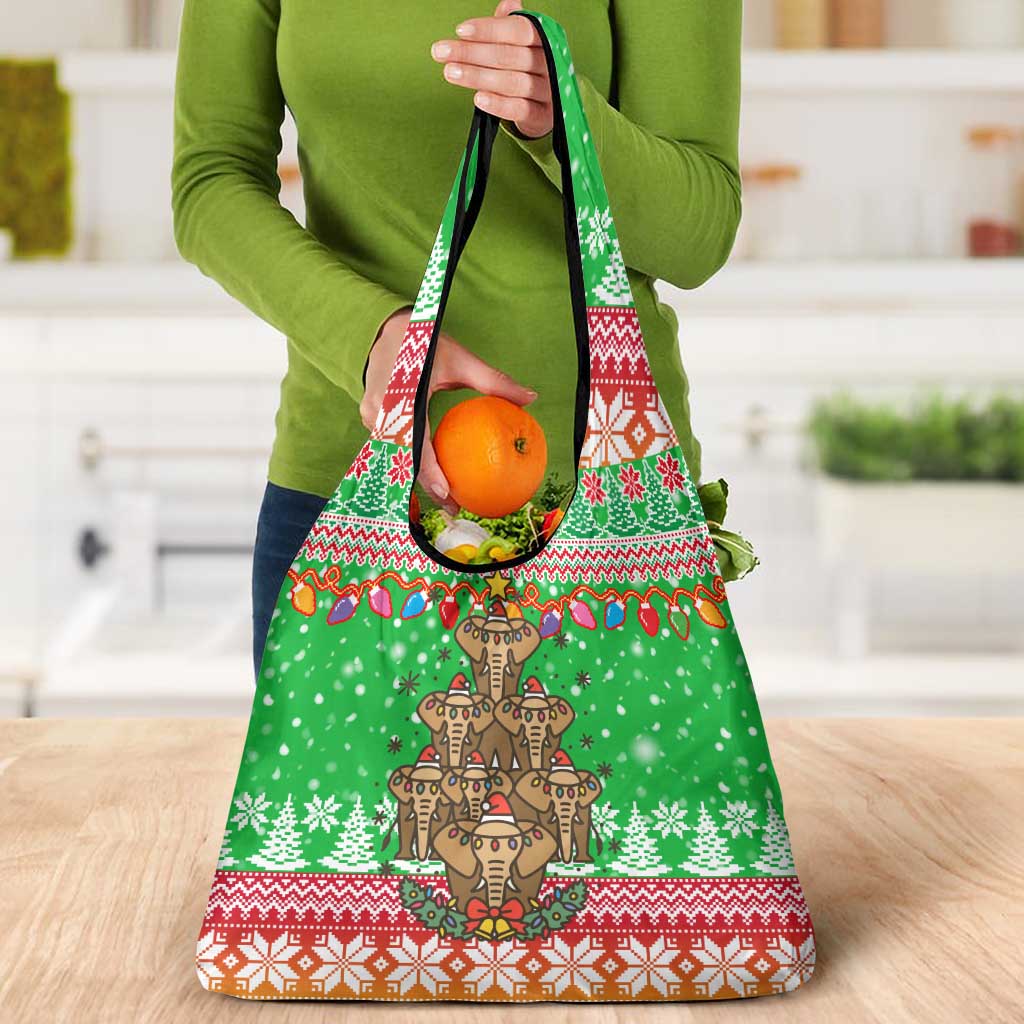 Mali Christmas Grocery Bag with Cartoon Elephant Pyramid Snowflakes and Holiday Lights - Wonder Print Shop