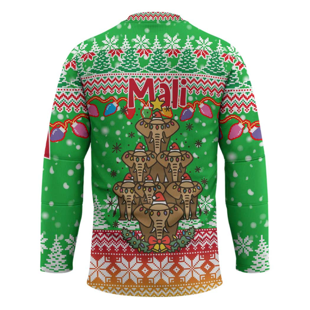 Mali Christmas Hockey Jersey with Cartoon Elephant Pyramid Snowflakes and Holiday Lights - Wonder Print Shop