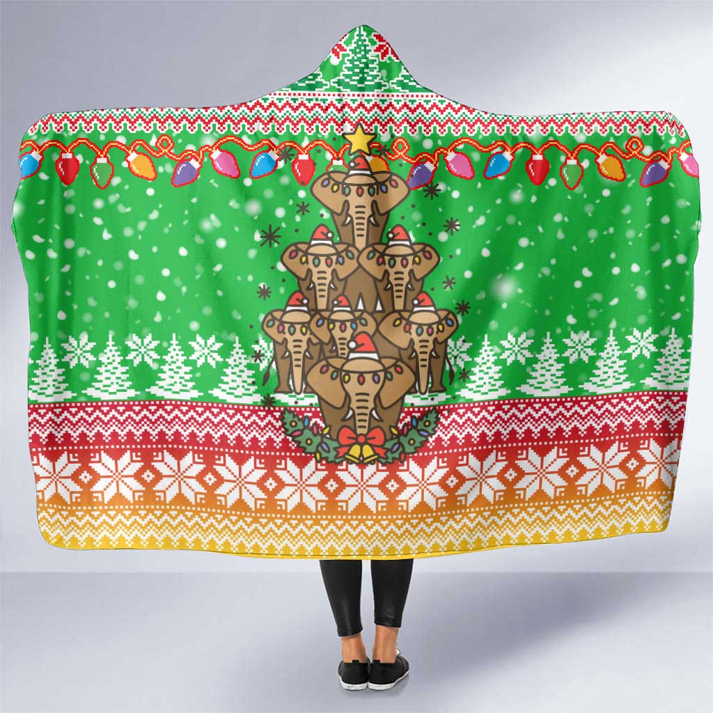 Mali Christmas Hooded Blanket with Cartoon Elephant Pyramid Snowflakes and Holiday Lights - Wonder Print Shop