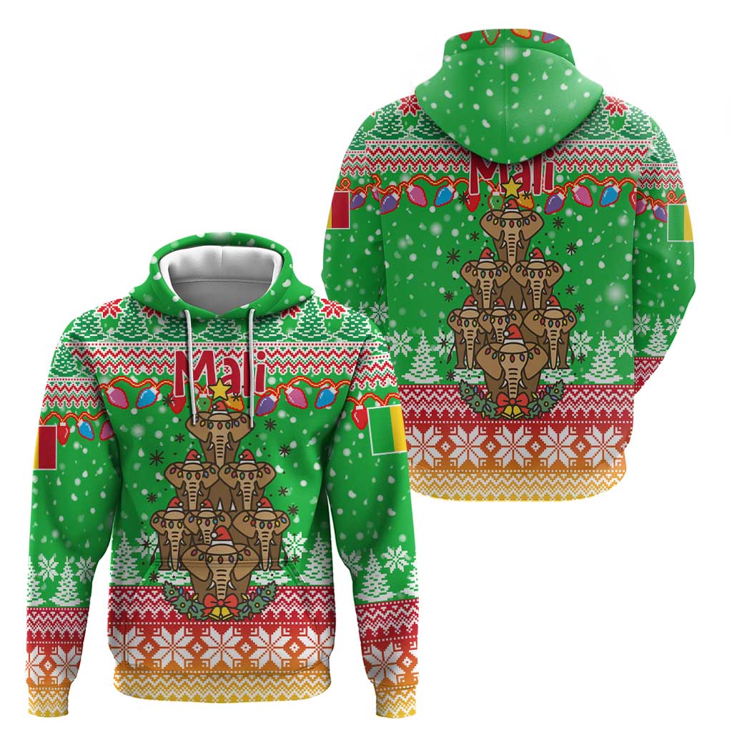 Mali Christmas Hoodie with Cartoon Elephant Pyramid Snowflakes and Holiday Lights - Wonder Print Shop