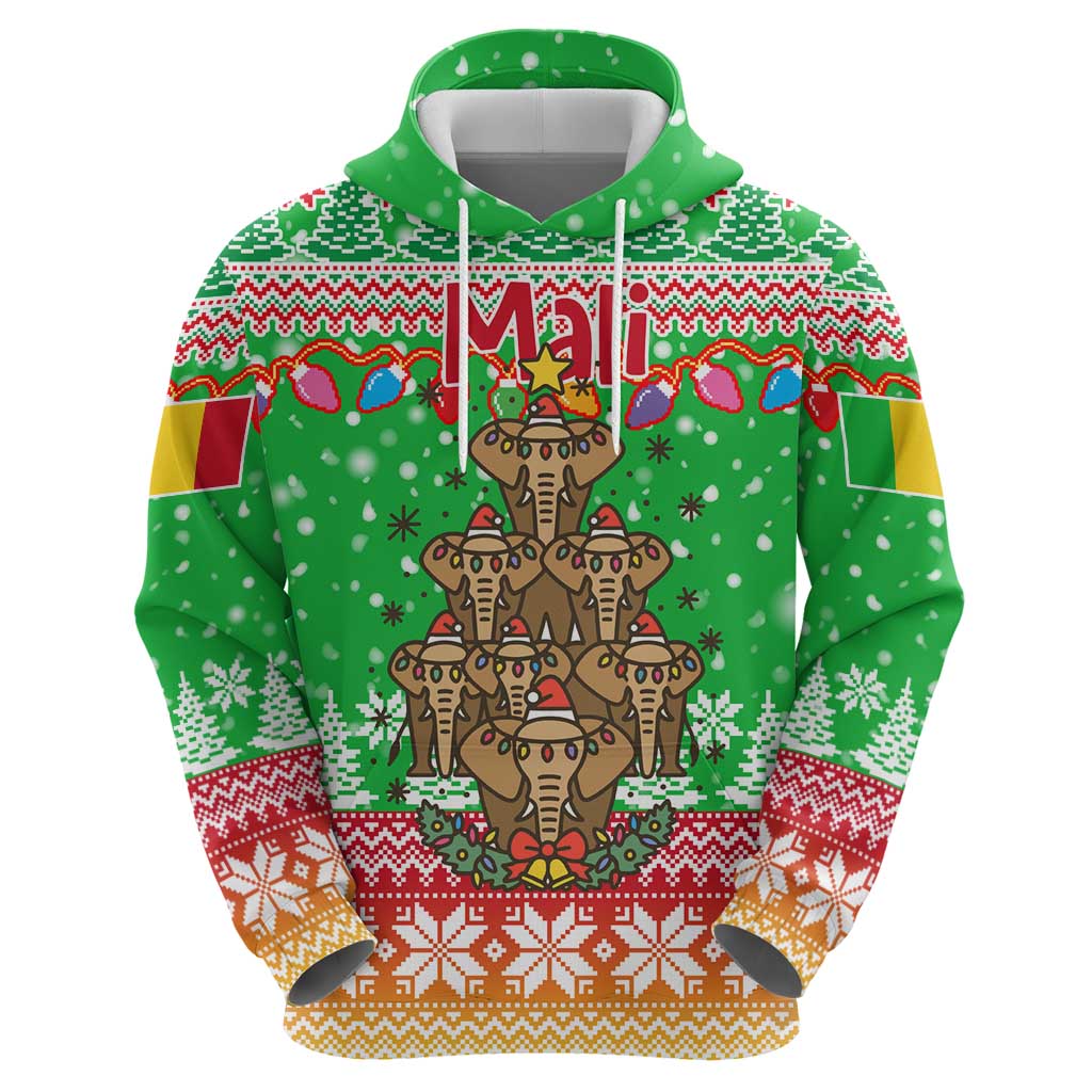 Mali Christmas Hoodie with Cartoon Elephant Pyramid Snowflakes and Holiday Lights - Wonder Print Shop