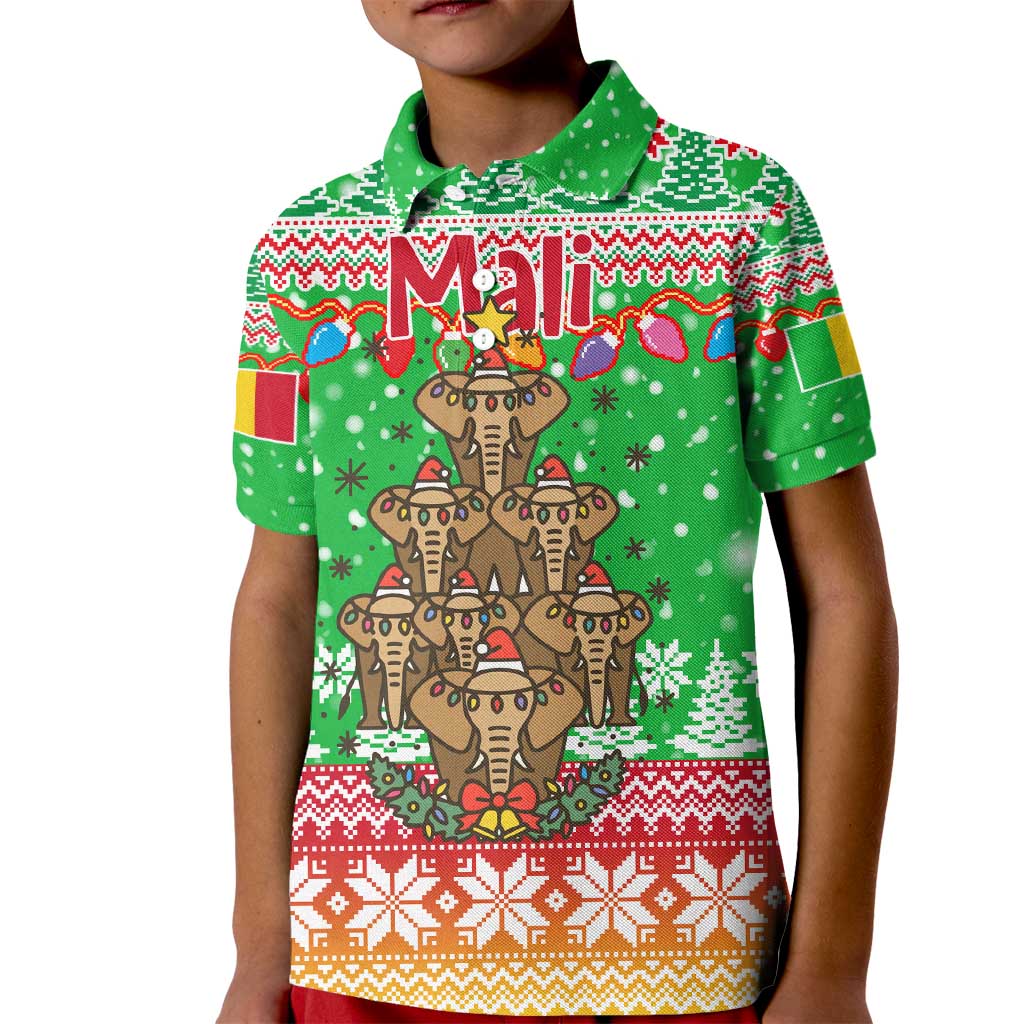 Mali Christmas Kid Polo Shirt with Cartoon Elephant Pyramid Snowflakes and Holiday Lights - Wonder Print Shop