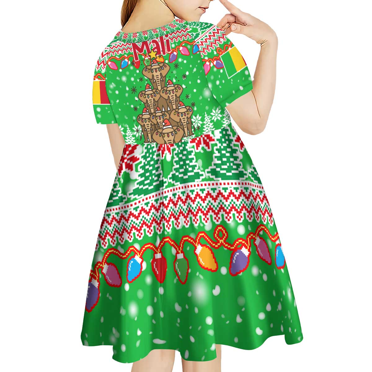 Mali Christmas Kid Short Sleeve Dress with Cartoon Elephant Pyramid Snowflakes and Holiday Lights - Wonder Print Shop
