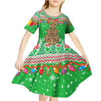 Mali Christmas Kid Short Sleeve Dress with Cartoon Elephant Pyramid Snowflakes and Holiday Lights - Wonder Print Shop