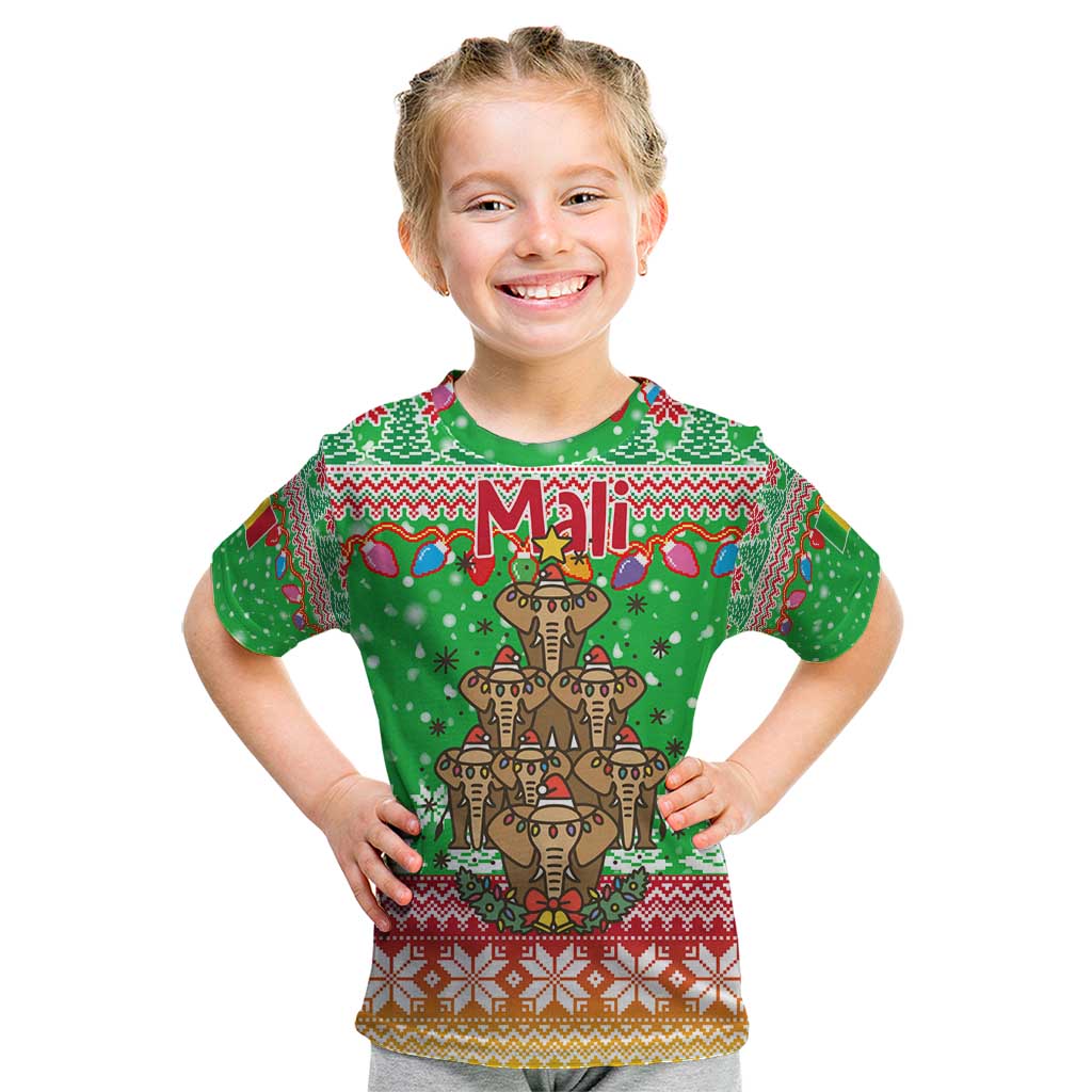 Mali Christmas Kid T Shirt with Cartoon Elephant Pyramid Snowflakes and Holiday Lights - Wonder Print Shop