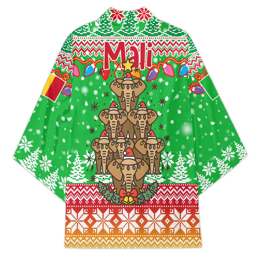 Mali Christmas Kimono with Cartoon Elephant Pyramid Snowflakes and Holiday Lights - Wonder Print Shop