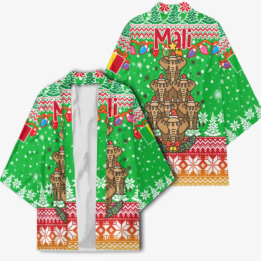 Mali Christmas Kimono with Cartoon Elephant Pyramid Snowflakes and Holiday Lights - Wonder Print Shop