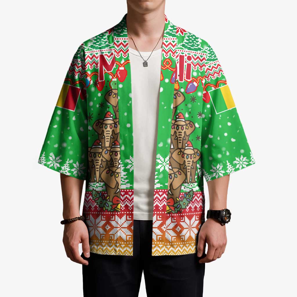 Mali Christmas Kimono with Cartoon Elephant Pyramid Snowflakes and Holiday Lights - Wonder Print Shop
