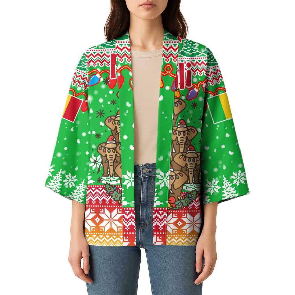 Mali Christmas Kimono with Cartoon Elephant Pyramid Snowflakes and Holiday Lights - Wonder Print Shop