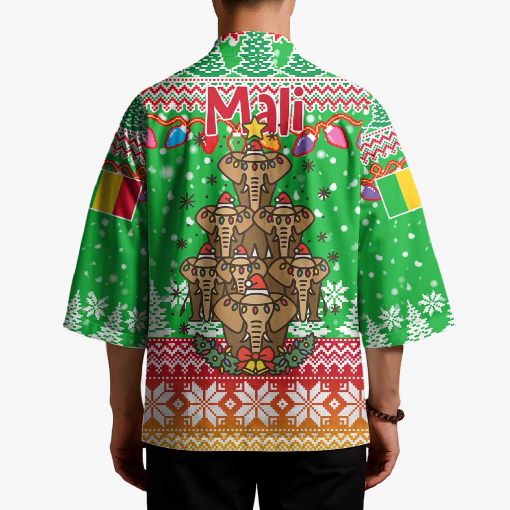Mali Christmas Kimono with Cartoon Elephant Pyramid Snowflakes and Holiday Lights - Wonder Print Shop