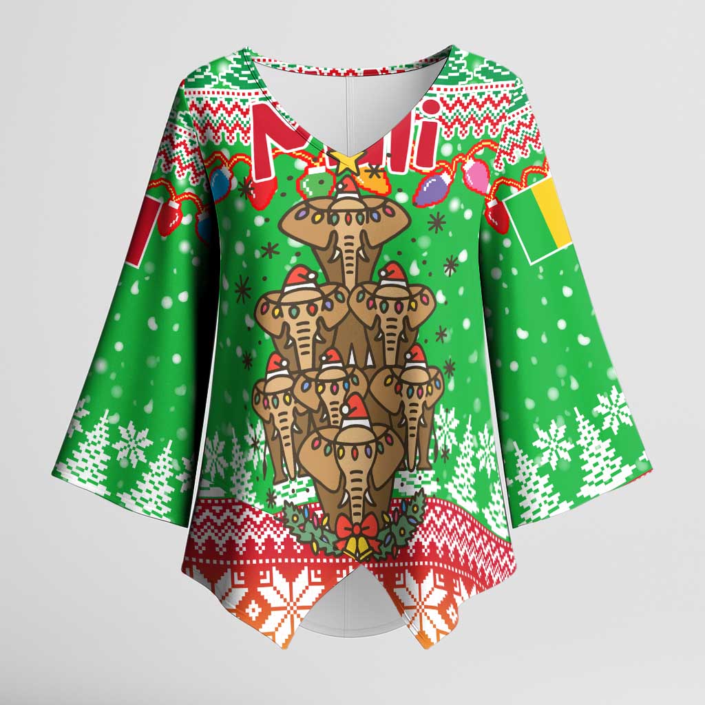 Mali Christmas Kimono Sleeve Blouse with Cartoon Elephant Pyramid Snowflakes and Holiday Lights - Wonder Print Shop