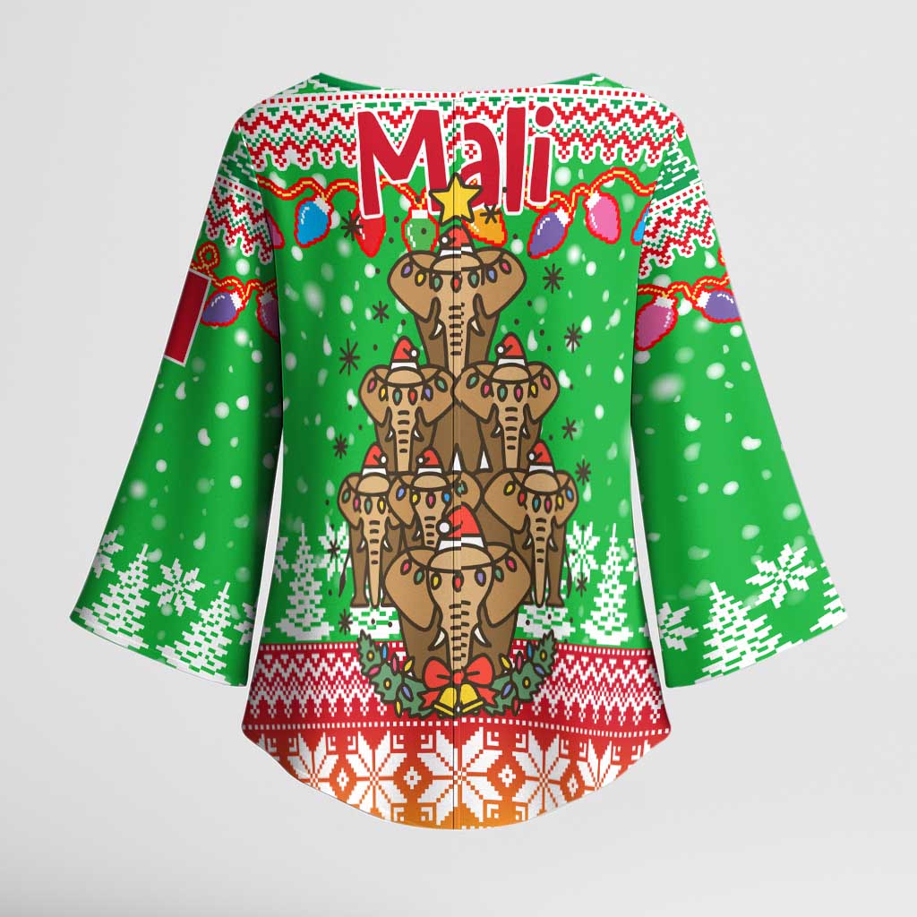 Mali Christmas Kimono Sleeve Blouse with Cartoon Elephant Pyramid Snowflakes and Holiday Lights - Wonder Print Shop