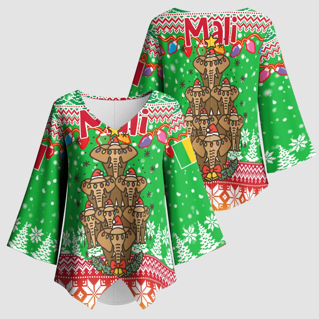 Mali Christmas Kimono Sleeve Blouse with Cartoon Elephant Pyramid Snowflakes and Holiday Lights - Wonder Print Shop