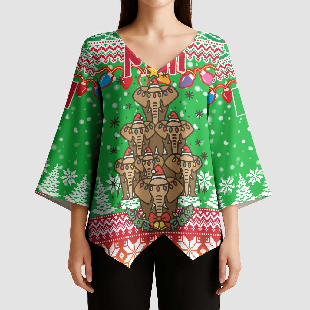 Mali Christmas Kimono Sleeve Blouse with Cartoon Elephant Pyramid Snowflakes and Holiday Lights - Wonder Print Shop