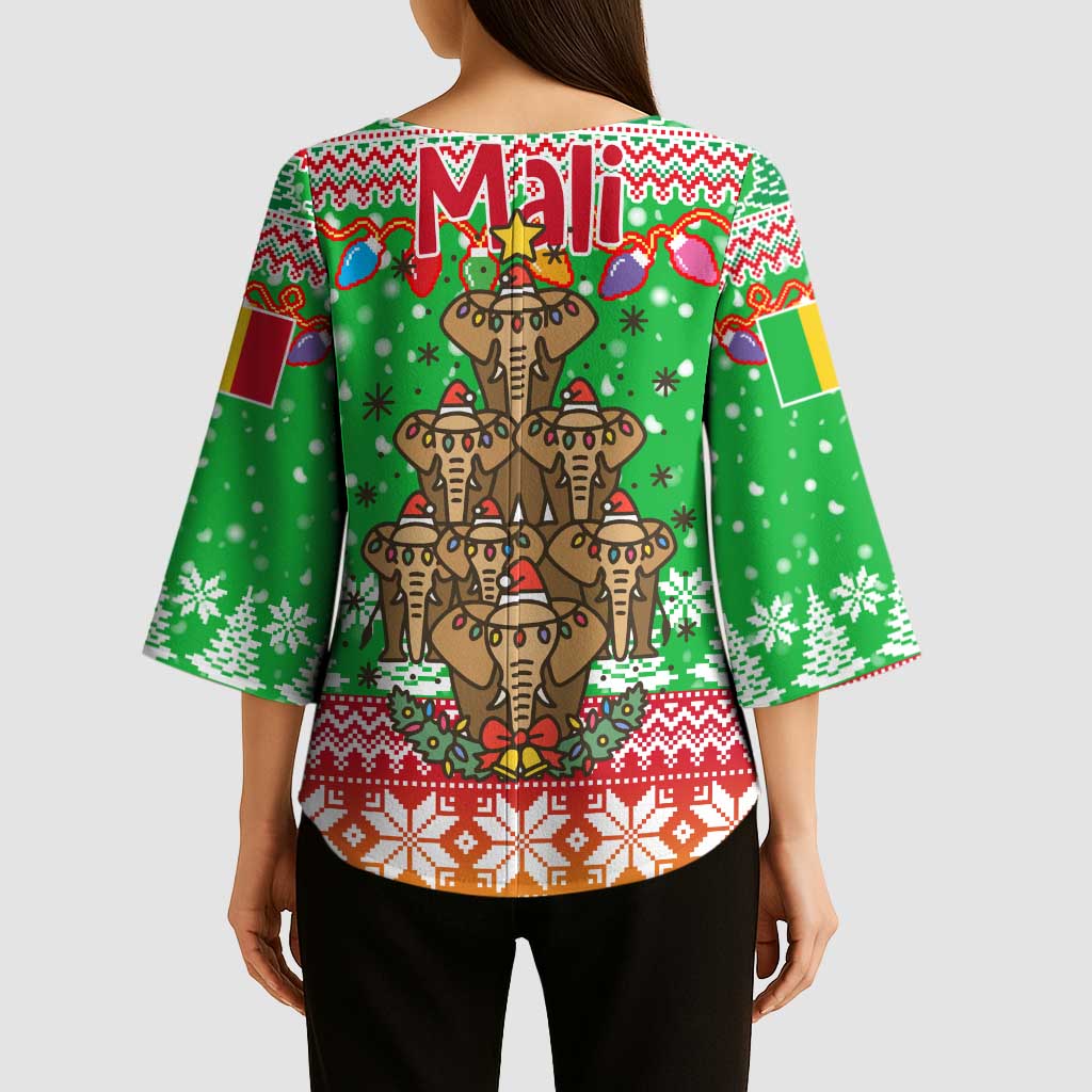 Mali Christmas Kimono Sleeve Blouse with Cartoon Elephant Pyramid Snowflakes and Holiday Lights - Wonder Print Shop