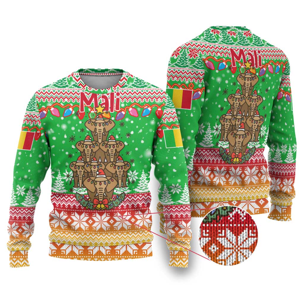 Mali Christmas Ugly Christmas Sweater with Cartoon Elephant Pyramid Snowflakes and Holiday Lights - Wonder Print Shop
