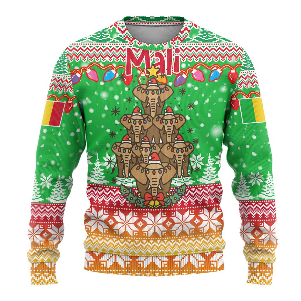 Mali Christmas Ugly Christmas Sweater with Cartoon Elephant Pyramid Snowflakes and Holiday Lights - Wonder Print Shop