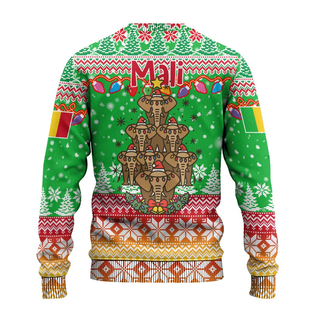 Mali Christmas Ugly Christmas Sweater with Cartoon Elephant Pyramid Snowflakes and Holiday Lights - Wonder Print Shop