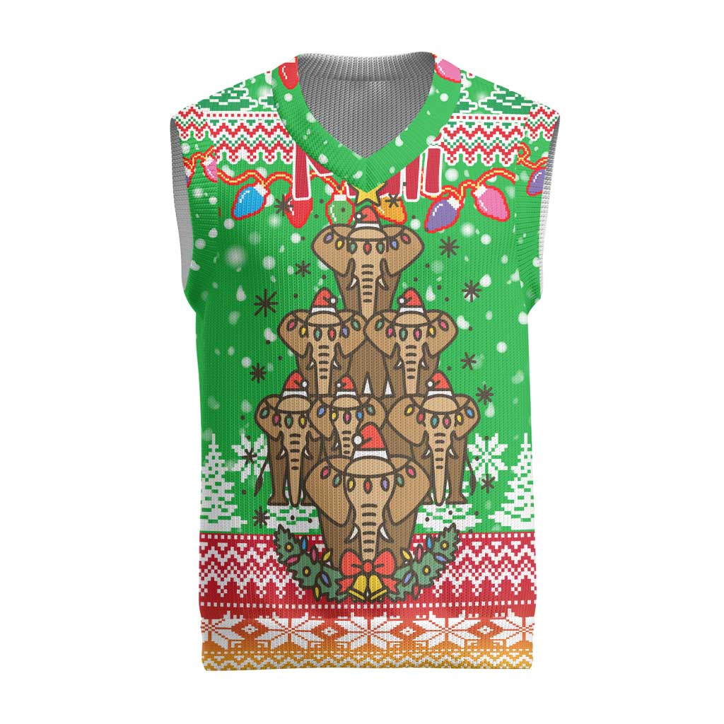 Mali Christmas Knitted V-Neck Vest with Cartoon Elephant Pyramid Snowflakes and Holiday Lights - Wonder Print Shop